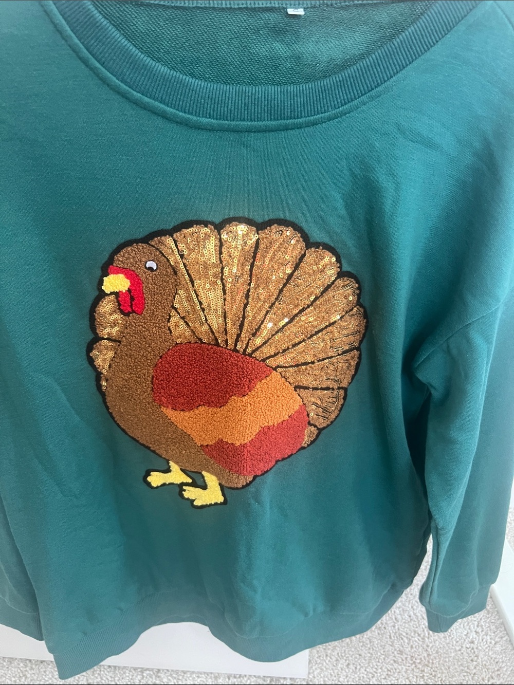Dark green thanksgiving turkey sequin sweatshirt small - Picture 2 of 3